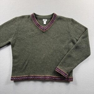 VTG Weather Vane Sweater Womens Large Green Fair Isle V Neck Wool Pullover Knit